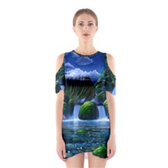 Flamingo Paradise Scenic Bird Fantasy Moon Paradise Waterfall Magical Nature Shoulder Cutout One Piece Dress by Ndabl3x