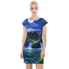 Flamingo Paradise Scenic Bird Fantasy Moon Paradise Waterfall Magical Nature Cap Sleeve Bodycon Dress by Ndabl3x