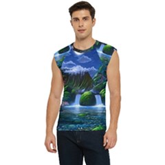 Flamingo Paradise Scenic Bird Fantasy Moon Paradise Waterfall Magical Nature Men s Raglan Cap Sleeve T-shirt by Ndabl3x