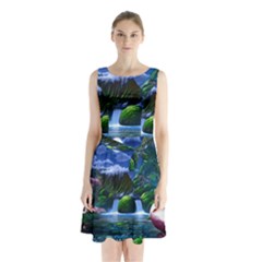 Flamingo Paradise Scenic Bird Fantasy Moon Paradise Waterfall Magical Nature Sleeveless Waist Tie Chiffon Dress by Ndabl3x