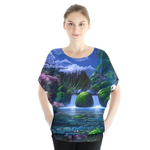 Flamingo Paradise Scenic Bird Fantasy Moon Paradise Waterfall Magical Nature Batwing Chiffon Blouse by Ndabl3x