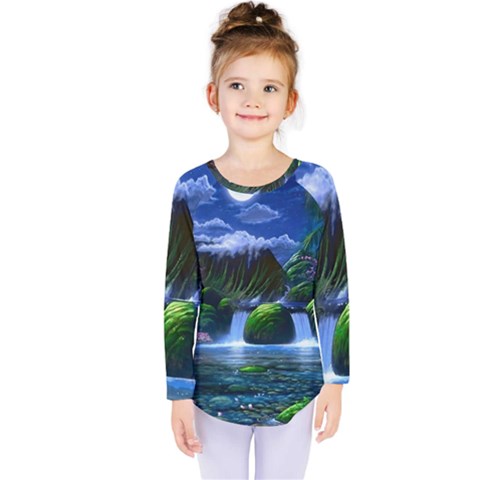 Flamingo Paradise Scenic Bird Fantasy Moon Paradise Waterfall Magical Nature Kids  Long Sleeve T-shirt by Ndabl3x