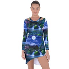 Flamingo Paradise Scenic Bird Fantasy Moon Paradise Waterfall Magical Nature Asymmetric Cut-out Shift Dress by Ndabl3x