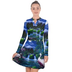 Flamingo Paradise Scenic Bird Fantasy Moon Paradise Waterfall Magical Nature Long Sleeve Panel Dress by Ndabl3x