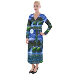 Flamingo Paradise Scenic Bird Fantasy Moon Paradise Waterfall Magical Nature Velvet Maxi Wrap Dress by Ndabl3x