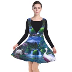 Flamingo Paradise Scenic Bird Fantasy Moon Paradise Waterfall Magical Nature Plunge Pinafore Dress by Ndabl3x