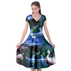 Flamingo Paradise Scenic Bird Fantasy Moon Paradise Waterfall Magical Nature Cap Sleeve Wrap Front Dress by Ndabl3x