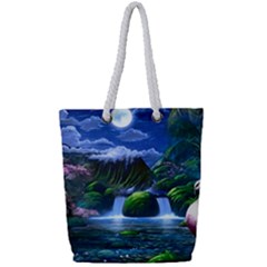 Flamingo Paradise Scenic Bird Fantasy Moon Paradise Waterfall Magical Nature Full Print Rope Handle Tote (small) by Ndabl3x