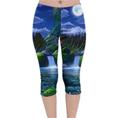 Flamingo Paradise Scenic Bird Fantasy Moon Paradise Waterfall Magical Nature Velvet Capri Leggings  by Ndabl3x