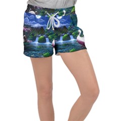 Flamingo Paradise Scenic Bird Fantasy Moon Paradise Waterfall Magical Nature Women s Velour Lounge Shorts by Ndabl3x