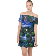 Flamingo Paradise Scenic Bird Fantasy Moon Paradise Waterfall Magical Nature Off Shoulder Chiffon Dress by Ndabl3x