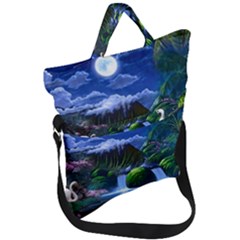 Flamingo Paradise Scenic Bird Fantasy Moon Paradise Waterfall Magical Nature Fold Over Handle Tote Bag by Ndabl3x