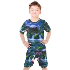 Flamingo Paradise Scenic Bird Fantasy Moon Paradise Waterfall Magical Nature Kids  T-shirt And Shorts Set by Ndabl3x