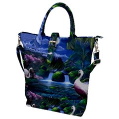 Flamingo Paradise Scenic Bird Fantasy Moon Paradise Waterfall Magical Nature Buckle Top Tote Bag by Ndabl3x