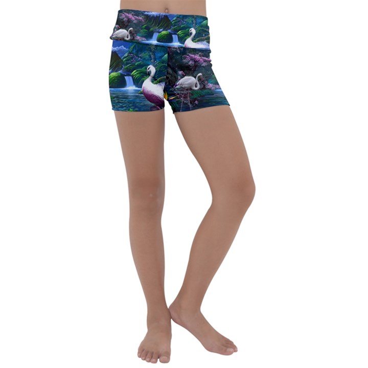 Flamingo Paradise Scenic Bird Fantasy Moon Paradise Waterfall Magical Nature Kids  Lightweight Velour Yoga Shorts