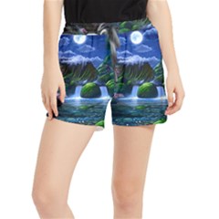 Flamingo Paradise Scenic Bird Fantasy Moon Paradise Waterfall Magical Nature Women s Runner Shorts by Ndabl3x