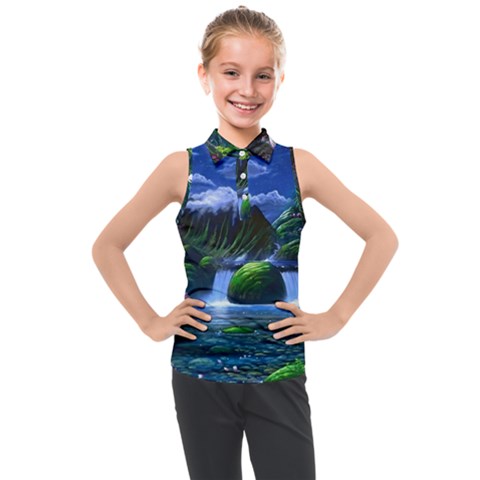 Flamingo Paradise Scenic Bird Fantasy Moon Paradise Waterfall Magical Nature Kids  Sleeveless Polo T-shirt by Ndabl3x