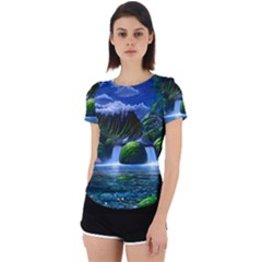 Flamingo Paradise Scenic Bird Fantasy Moon Paradise Waterfall Magical Nature Back Cut Out Sport T-shirt by Ndabl3x