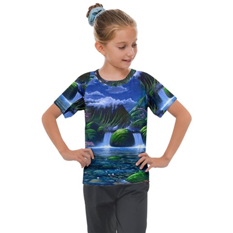 Flamingo Paradise Scenic Bird Fantasy Moon Paradise Waterfall Magical Nature Kids  Mesh Piece T-shirt by Ndabl3x