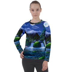 Flamingo Paradise Scenic Bird Fantasy Moon Paradise Waterfall Magical Nature Women s Long Sleeve Raglan T-shirt