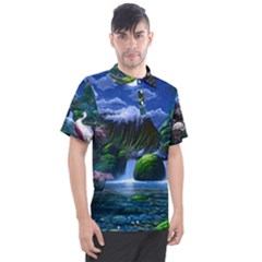 Flamingo Paradise Scenic Bird Fantasy Moon Paradise Waterfall Magical Nature Men s Polo T-shirt by Ndabl3x