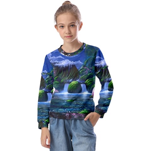 Flamingo Paradise Scenic Bird Fantasy Moon Paradise Waterfall Magical Nature Kids  Long Sleeve T-shirt With Frill  by Ndabl3x