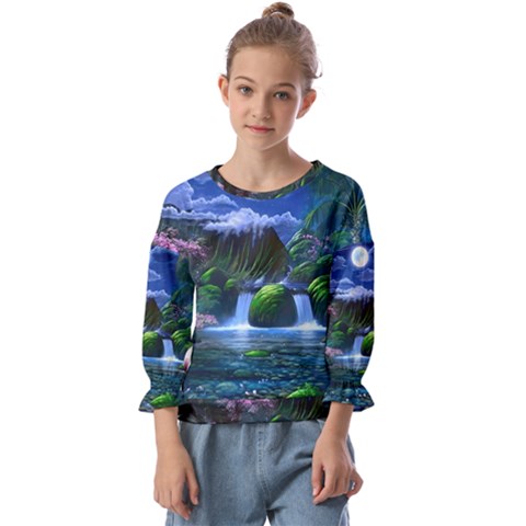 Flamingo Paradise Scenic Bird Fantasy Moon Paradise Waterfall Magical Nature Kids  Cuff Sleeve Top by Ndabl3x