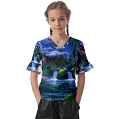 Flamingo Paradise Scenic Bird Fantasy Moon Paradise Waterfall Magical Nature Kids  V-neck Horn Sleeve Blouse by Ndabl3x