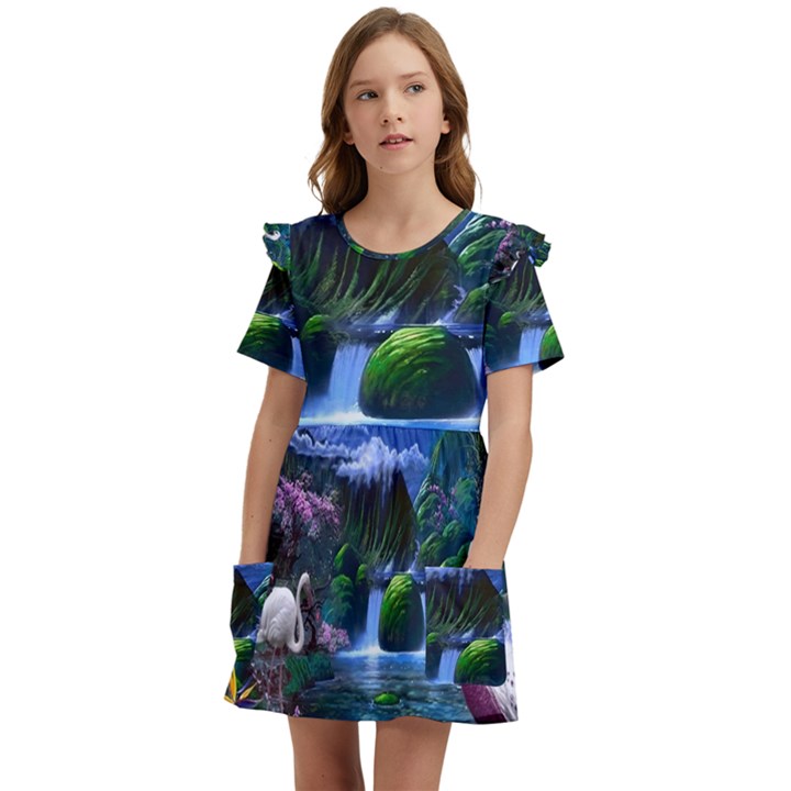 Flamingo Paradise Scenic Bird Fantasy Moon Paradise Waterfall Magical Nature Kids  Frilly Sleeves Pocket Dress