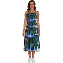 Flamingo Paradise Scenic Bird Fantasy Moon Paradise Waterfall Magical Nature Sleeveless Shoulder Straps Boho Dress by Ndabl3x