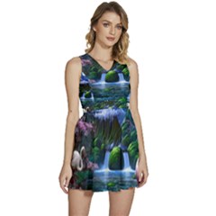 Flamingo Paradise Scenic Bird Fantasy Moon Paradise Waterfall Magical Nature Sleeveless High Waist Mini Dress by Ndabl3x