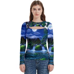 Flamingo Paradise Scenic Bird Fantasy Moon Paradise Waterfall Magical Nature Women s Cut Out Long Sleeve T-shirt by Ndabl3x