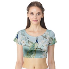 Couple Peacock Bird Spring White Blue Art Magnolia Fantasy Flower Short Sleeve Crop Top by Ndabl3x