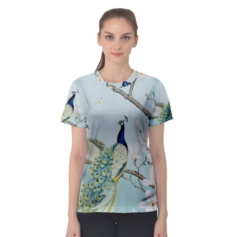 Couple Peacock Bird Spring White Blue Art Magnolia Fantasy Flower Women s Sport Mesh T-shirt by Ndabl3x