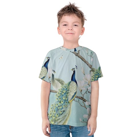 Couple Peacock Bird Spring White Blue Art Magnolia Fantasy Flower Kids  Cotton T-shirt by Ndabl3x