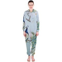 Couple Peacock Bird Spring White Blue Art Magnolia Fantasy Flower Hooded Jumpsuit (ladies) by Ndabl3x