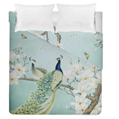 Couple Peacock Bird Spring White Blue Art Magnolia Fantasy Flower Duvet Cover Double Side (queen Size) by Ndabl3x