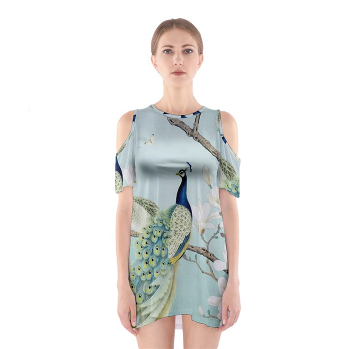 Couple Peacock Bird Spring White Blue Art Magnolia Fantasy Flower Shoulder Cutout One Piece Dress