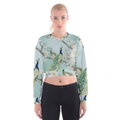 Couple Peacock Bird Spring White Blue Art Magnolia Fantasy Flower Cropped Sweatshirt by Ndabl3x