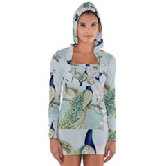 Couple Peacock Bird Spring White Blue Art Magnolia Fantasy Flower Long Sleeve Hooded T-shirt by Ndabl3x