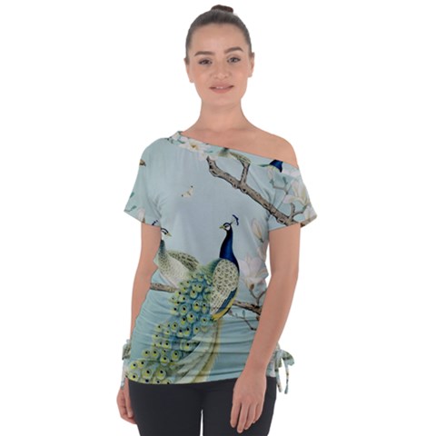 Couple Peacock Bird Spring White Blue Art Magnolia Fantasy Flower Off Shoulder Tie-up T-shirt by Ndabl3x