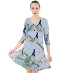 Couple Peacock Bird Spring White Blue Art Magnolia Fantasy Flower Quarter Sleeve Front Wrap Dress by Ndabl3x