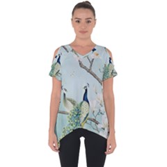 Couple Peacock Bird Spring White Blue Art Magnolia Fantasy Flower Cut Out Side Drop T-shirt by Ndabl3x