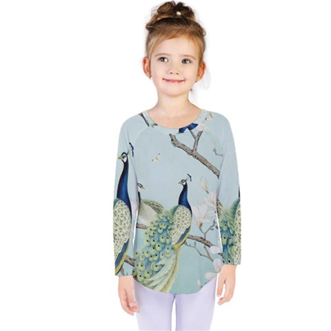 Couple Peacock Bird Spring White Blue Art Magnolia Fantasy Flower Kids  Long Sleeve T-shirt by Ndabl3x