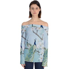 Couple Peacock Bird Spring White Blue Art Magnolia Fantasy Flower Off Shoulder Long Sleeve Top by Ndabl3x