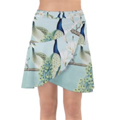 Couple Peacock Bird Spring White Blue Art Magnolia Fantasy Flower Wrap Front Skirt by Ndabl3x