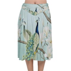 Couple Peacock Bird Spring White Blue Art Magnolia Fantasy Flower Velvet Flared Midi Skirt by Ndabl3x