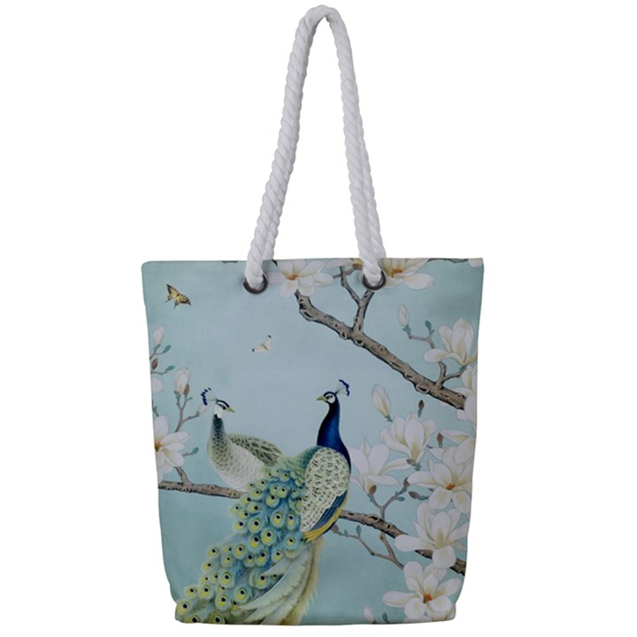 Couple Peacock Bird Spring White Blue Art Magnolia Fantasy Flower Full Print Rope Handle Tote (Small)