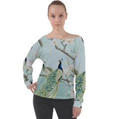 Couple Peacock Bird Spring White Blue Art Magnolia Fantasy Flower Off Shoulder Long Sleeve Velour Top by Ndabl3x