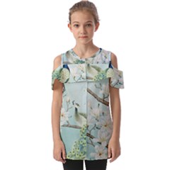 Couple Peacock Bird Spring White Blue Art Magnolia Fantasy Flower Fold Over Open Sleeve Top by Ndabl3x